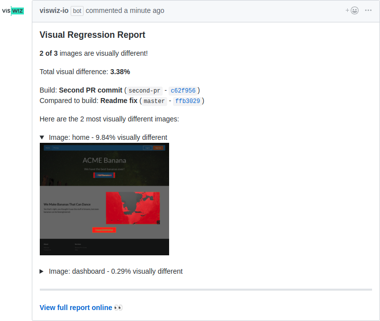 PR visual regression report by VisWiz.io