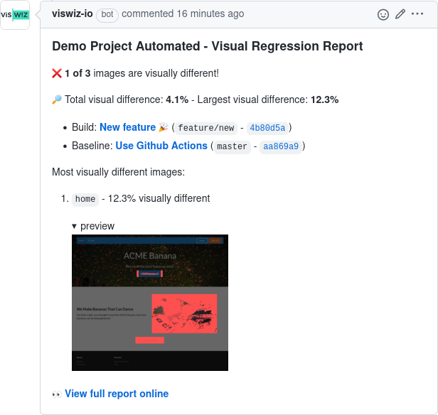 PR visual regression report by VisWiz.io